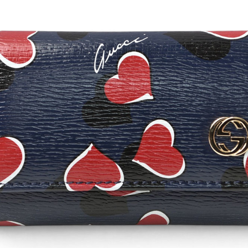 Gucci Key Case, GUCCI Double G Heartbeat 309706, 6-Key Leather, Navy, Women's